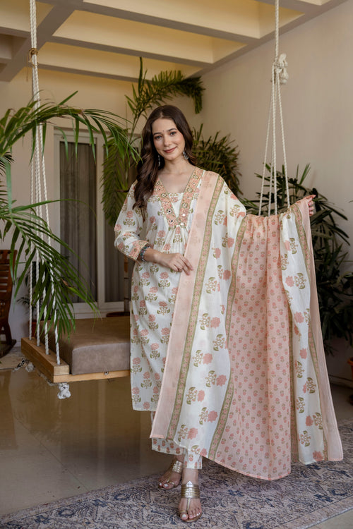 White And Peach Printed Embroidered Kurta , Pant And Dupatta set.