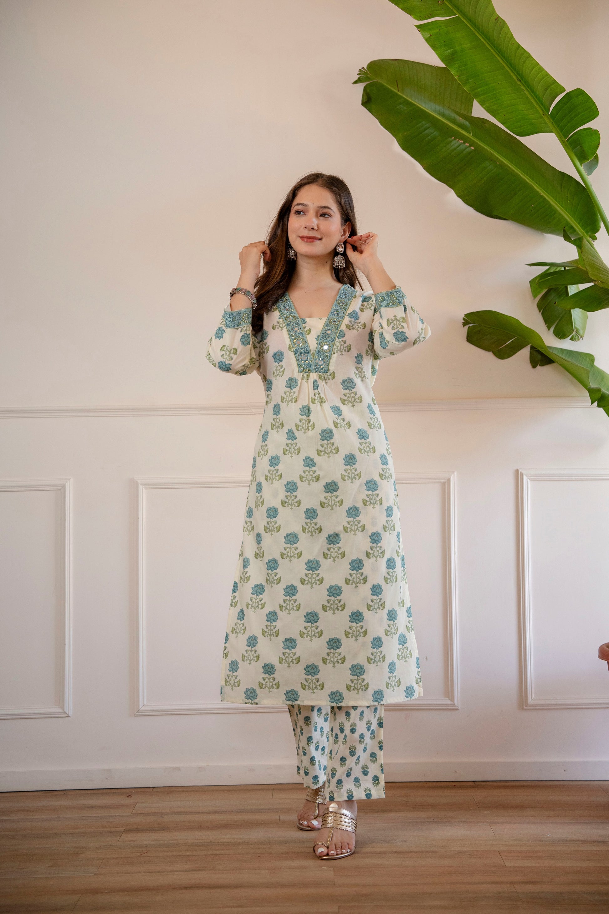 White and green Printed Embroidered Kurta , Pant And Dupatta set.