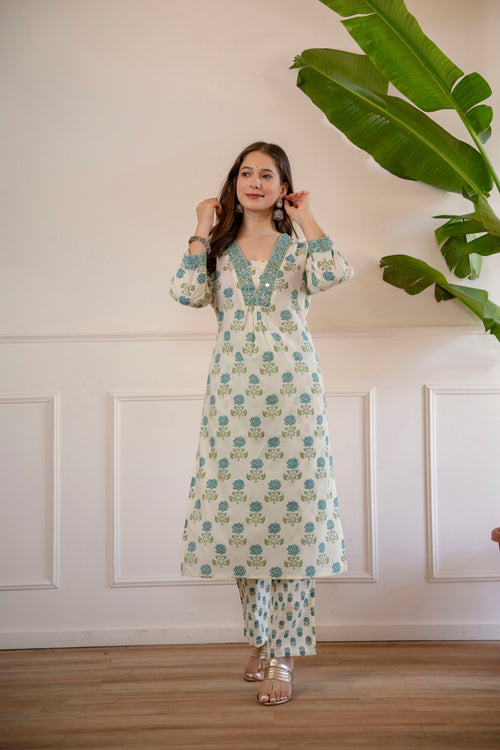 White and green Printed Embroidered Kurta , Pant And Dupatta set.