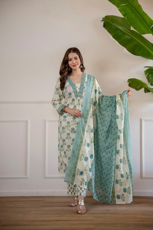 White and green Printed Embroidered Kurta , Pant And Dupatta set.