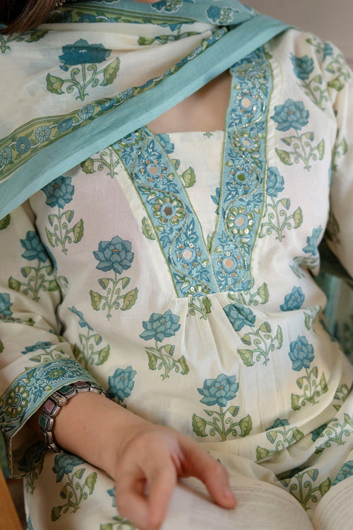 White and green Printed Embroidered Kurta , Pant And Dupatta set.