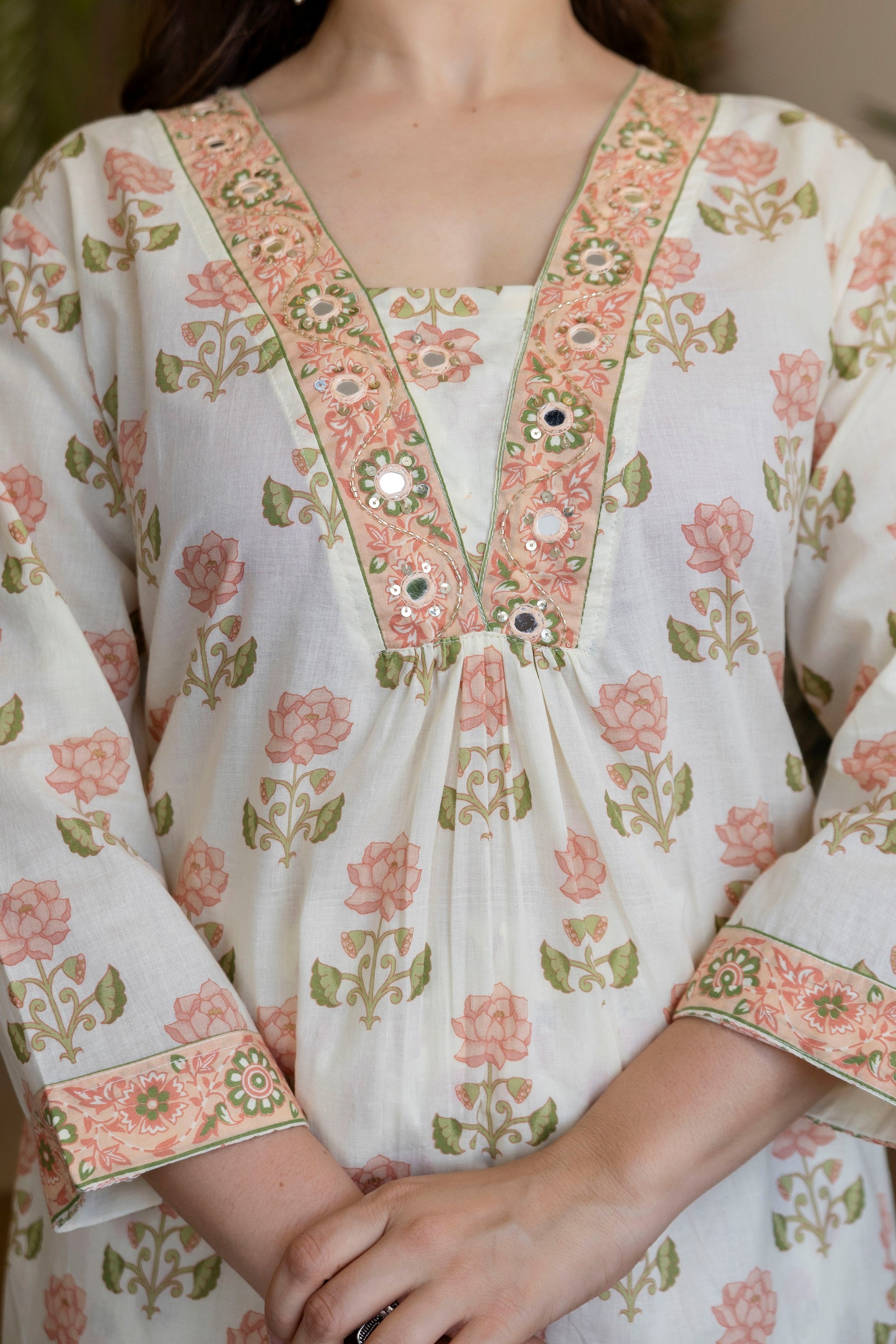 White And Peach Printed Embroidered Kurta , Pant And Dupatta set.