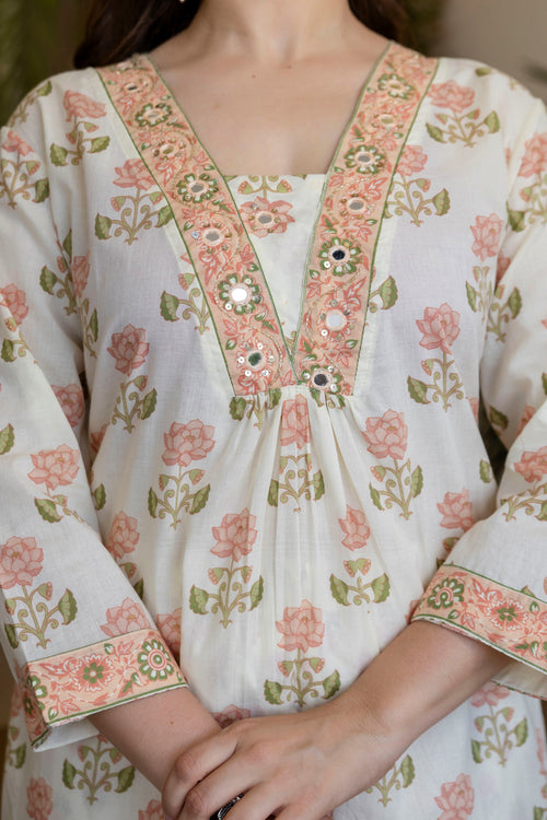 White And Peach Printed Embroidered Kurta , Pant And Dupatta set.