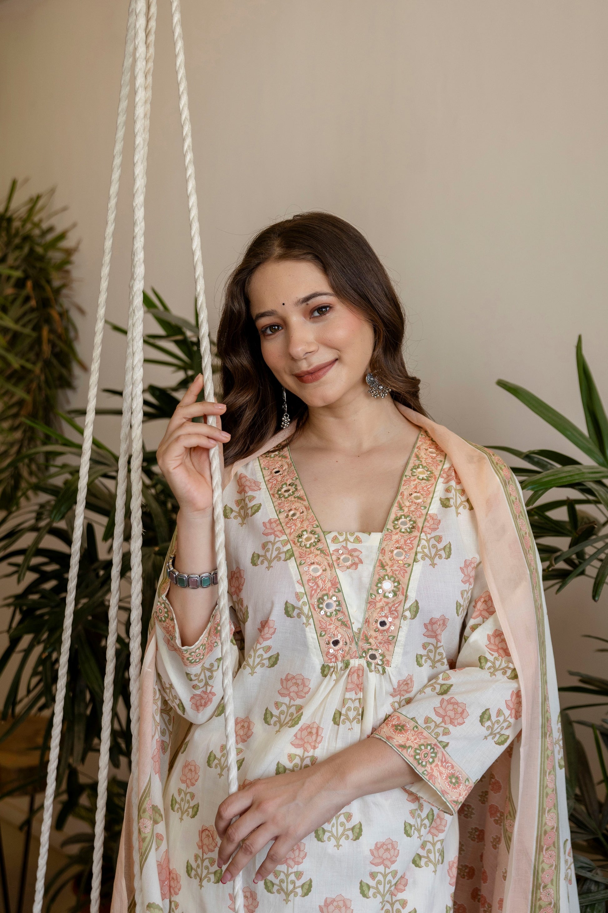 White And Peach Printed Embroidered Kurta , Pant And Dupatta set.