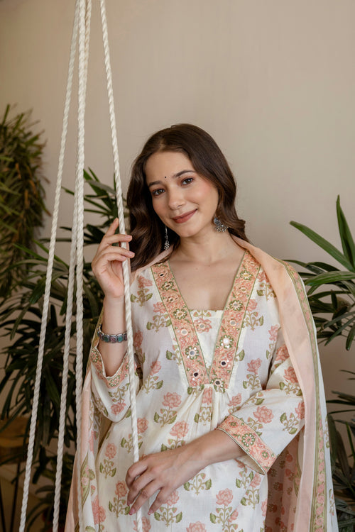 White And Peach Printed Embroidered Kurta , Pant And Dupatta set.