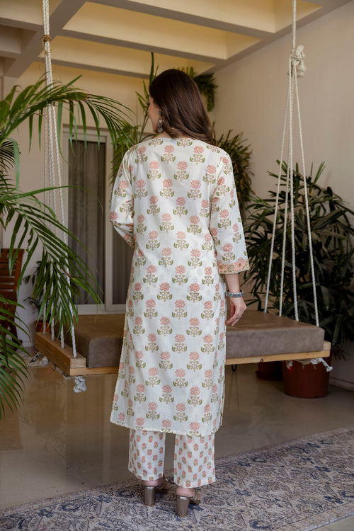 White And Peach Printed Embroidered Kurta , Pant And Dupatta set.
