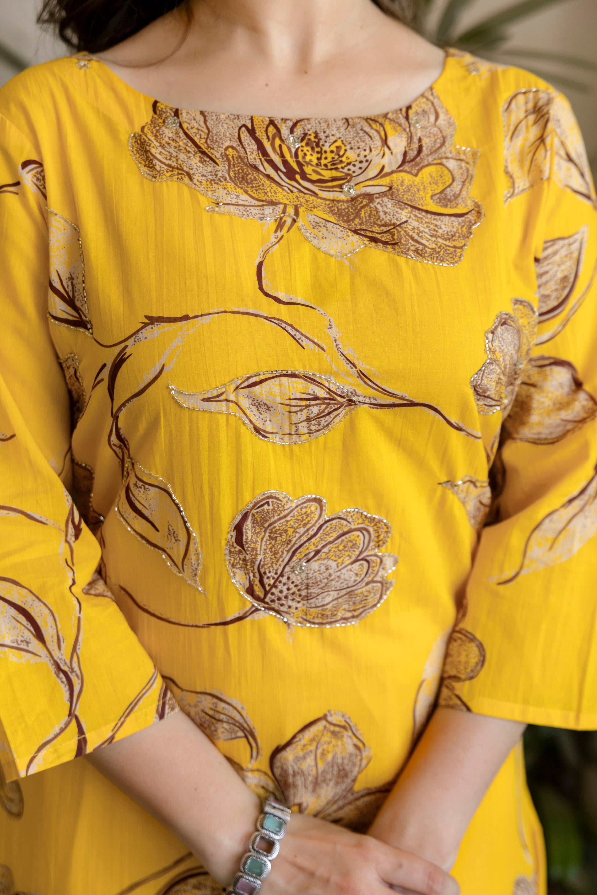 Yellow Printed Embroidered Kurta , Pant And Dupatta set.