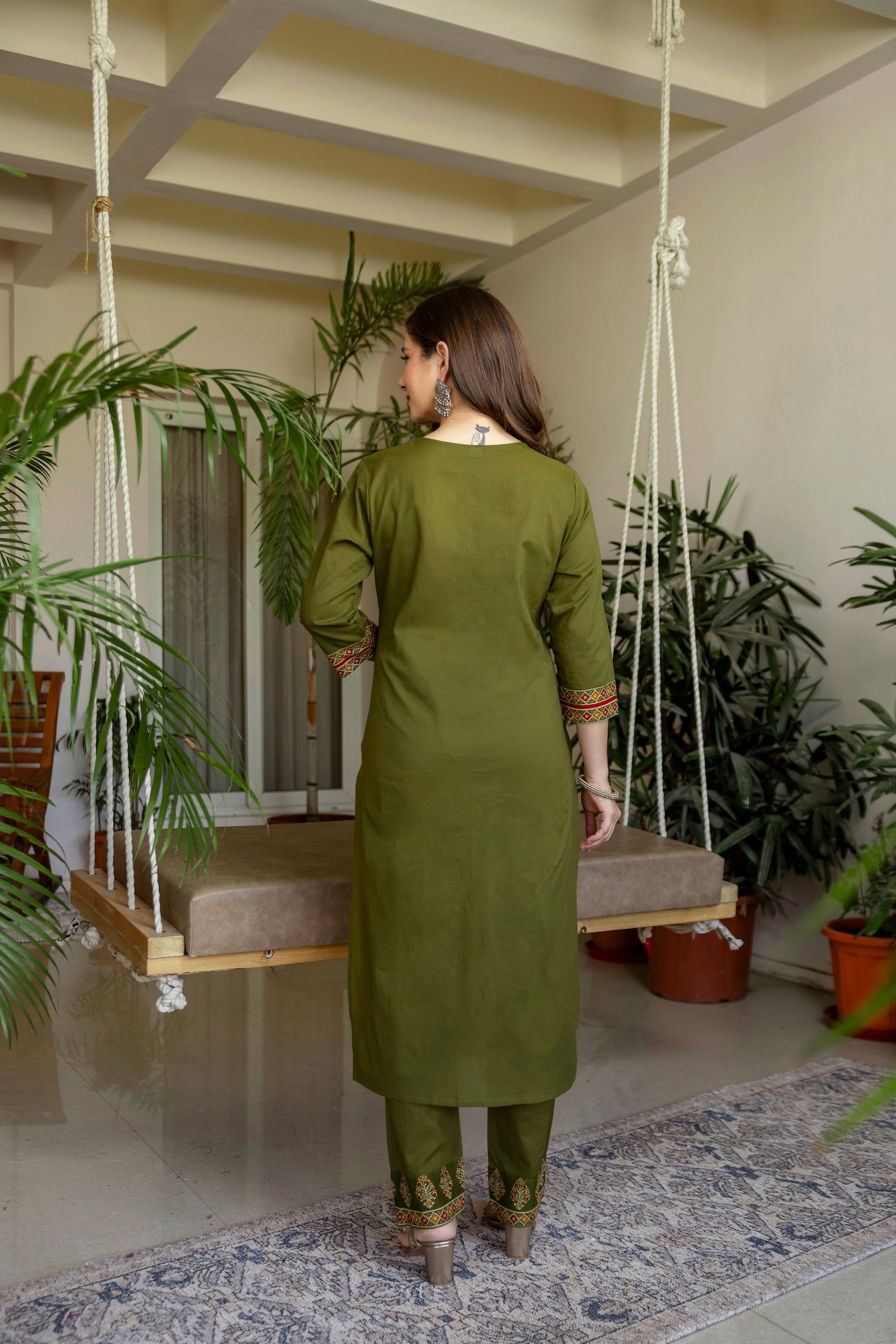 Green Printed Embroidered Kurta , Pant And Dupatta set.
