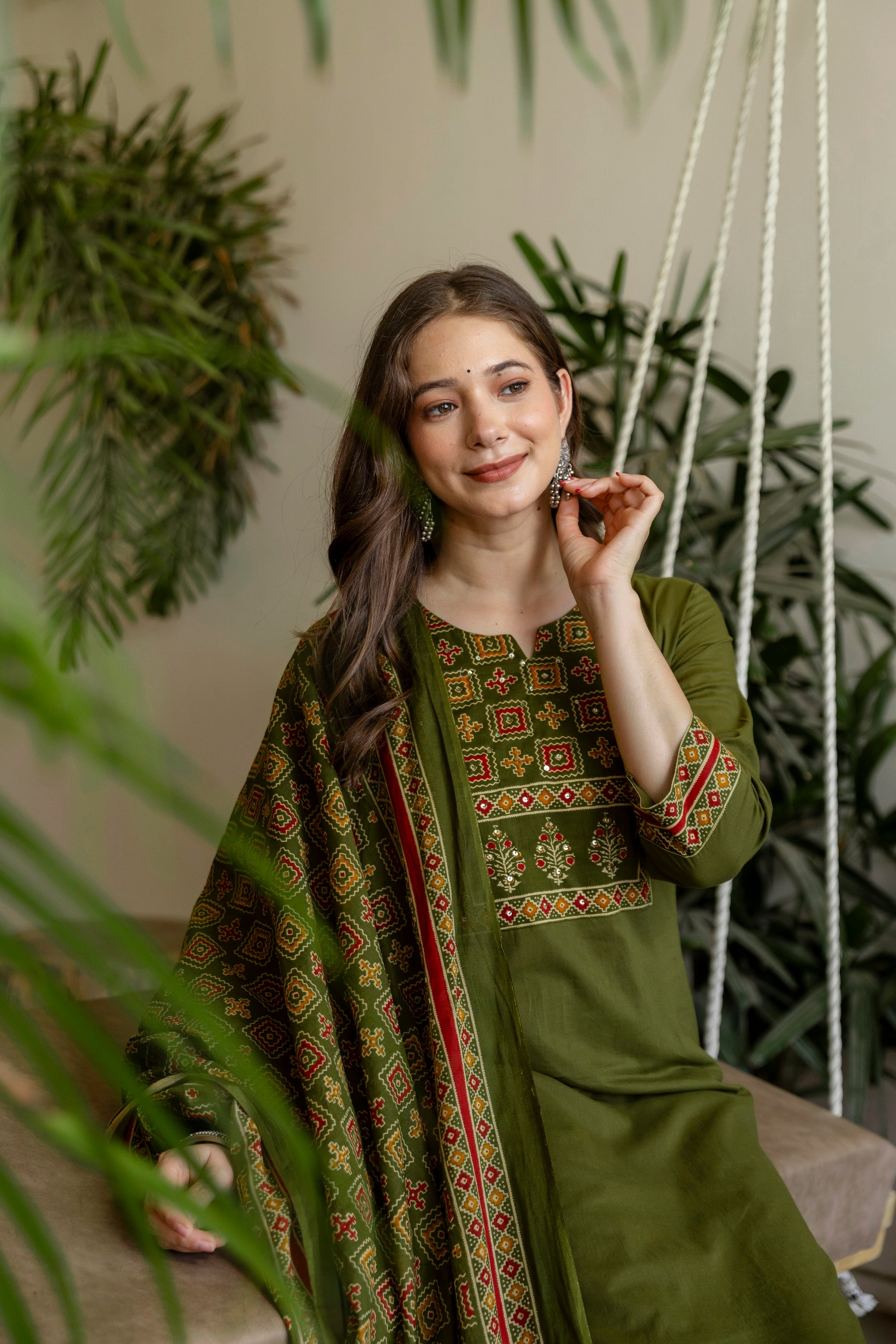 Green Printed Embroidered Kurta , Pant And Dupatta set.
