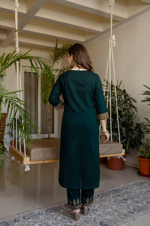 Dark green Printed Embroidered Kurta , Pant And Dupatta set.