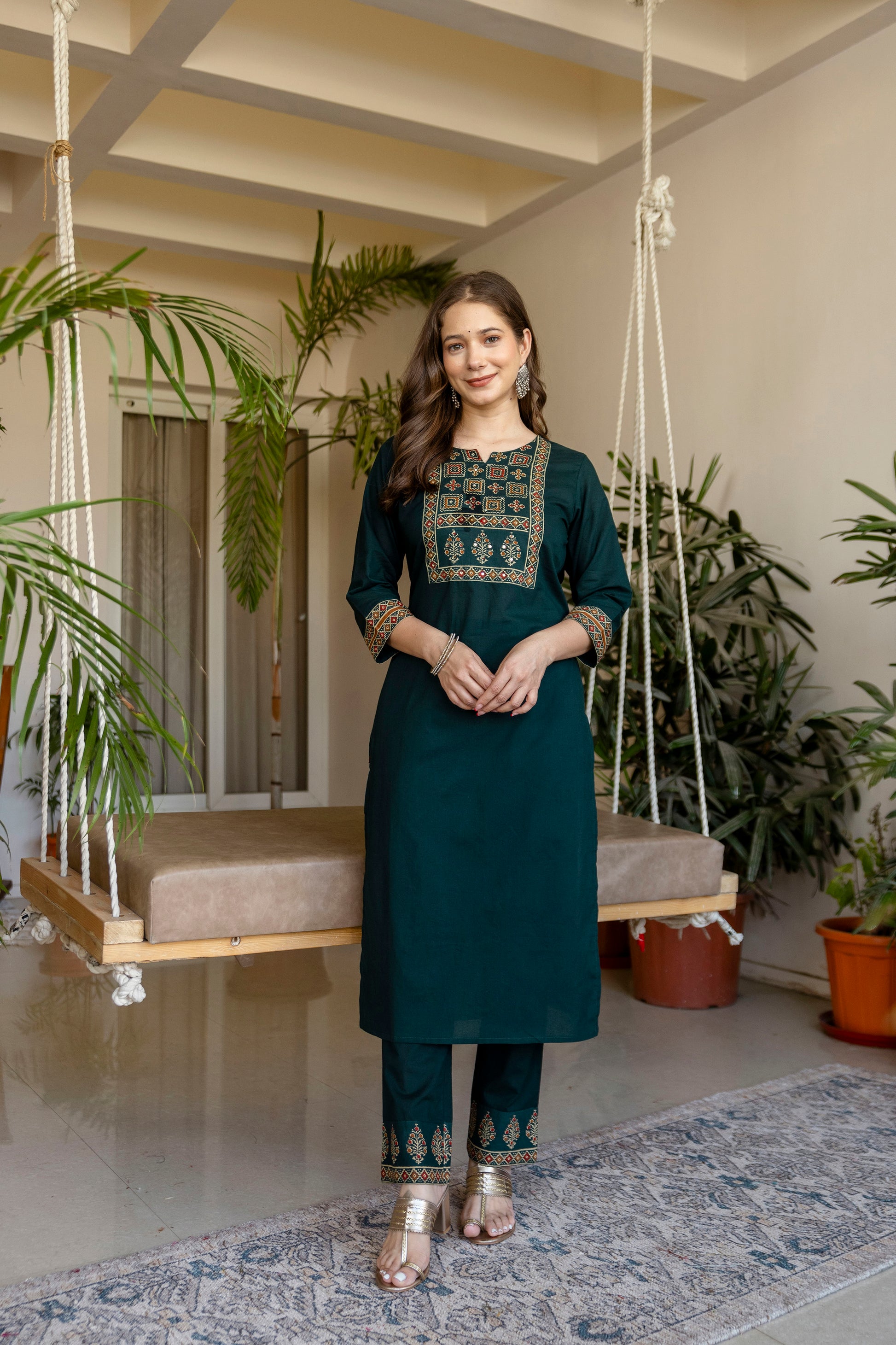 Dark green Printed Embroidered Kurta , Pant And Dupatta set.