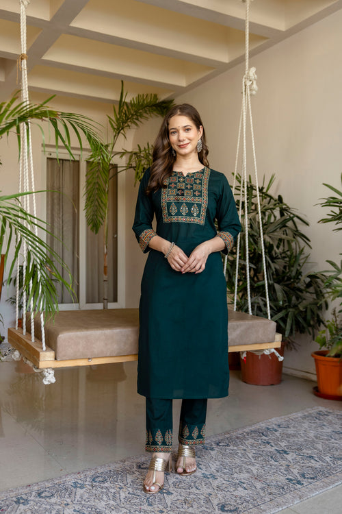 Dark green Printed Embroidered Kurta , Pant And Dupatta set.