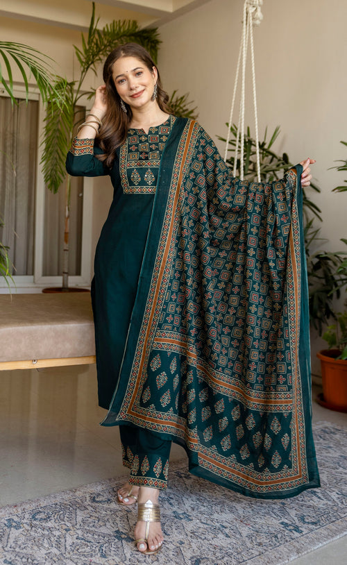 Dark green Printed Embroidered Kurta , Pant And Dupatta set.