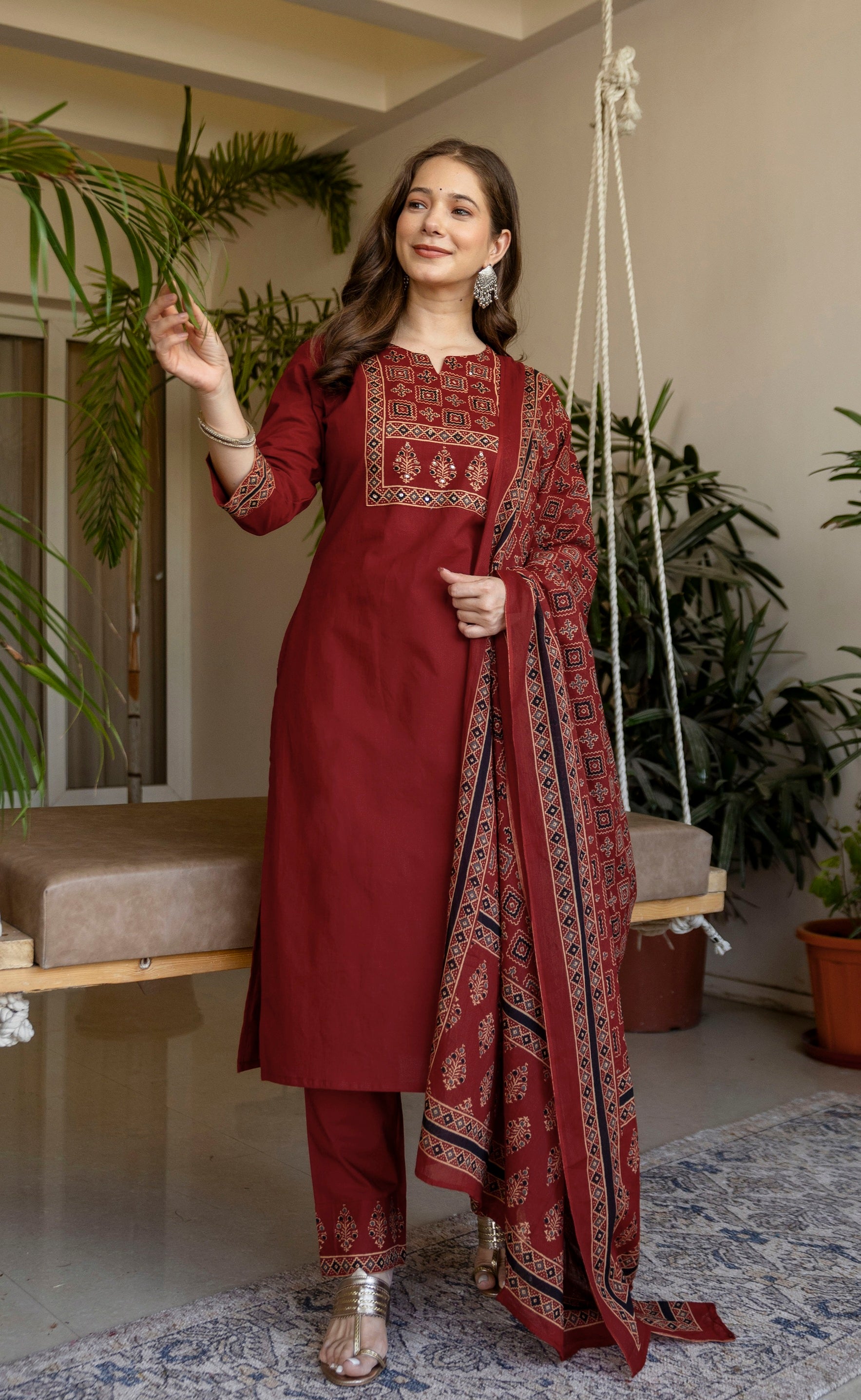 Maroon Printed Embroidered Kurta , Pant And Dupatta set.