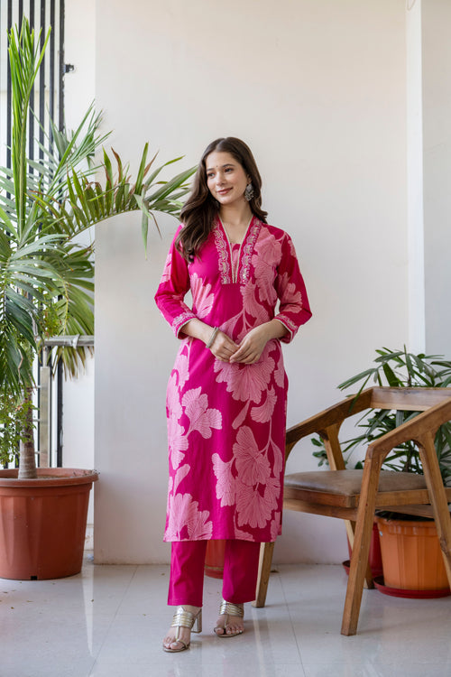 Pink Printed Embroidered Kurta , Pant And Dupatta set.