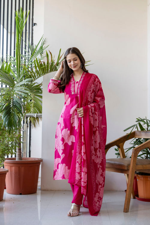 Pink Printed Embroidered Kurta , Pant And Dupatta set.
