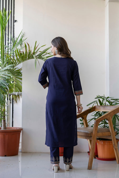 Navy Blue Printed Embroidered Kurta , Pant And Dupatta set.