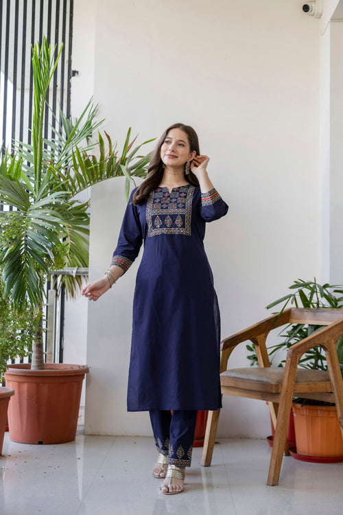 Navy Blue Printed Embroidered Kurta , Pant And Dupatta set.