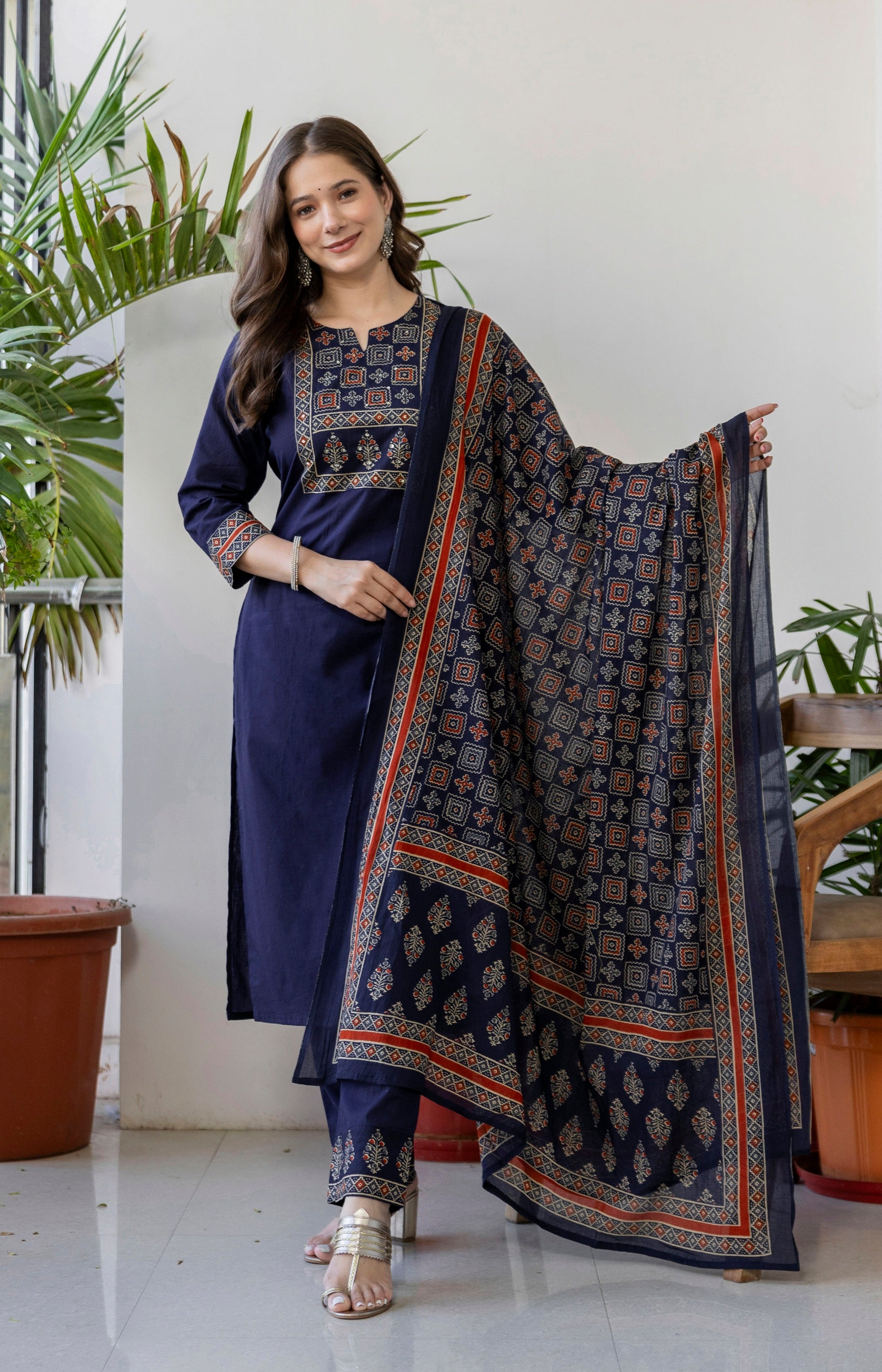 Navy Blue Printed Embroidered Kurta , Pant And Dupatta set.