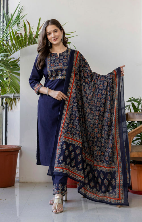 Navy Blue Printed Embroidered Kurta , Pant And Dupatta set.