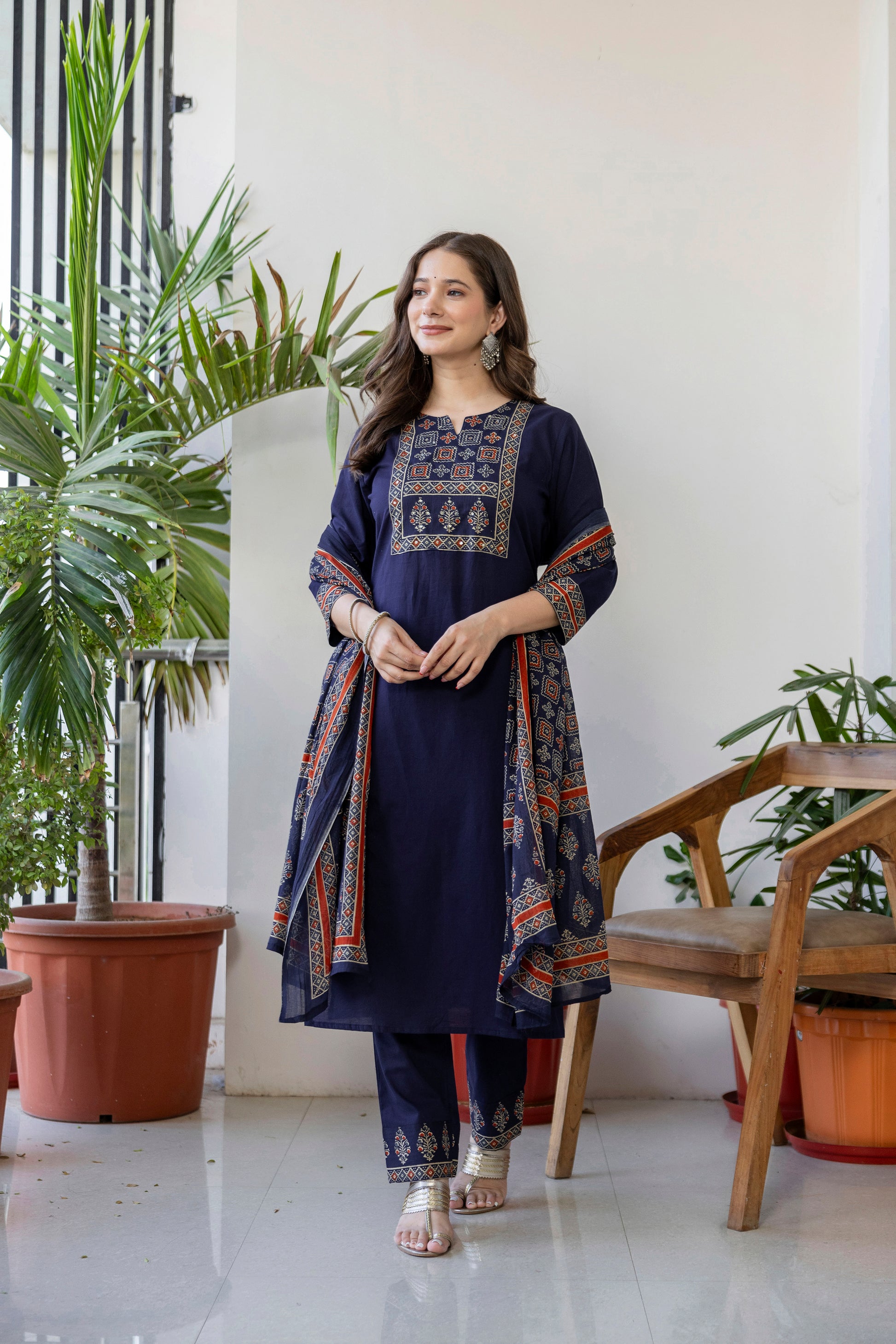 Navy Blue Printed Embroidered Kurta , Pant And Dupatta set.