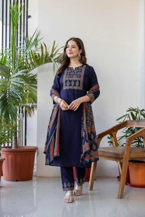 Navy Blue Printed Embroidered Kurta , Pant And Dupatta set.