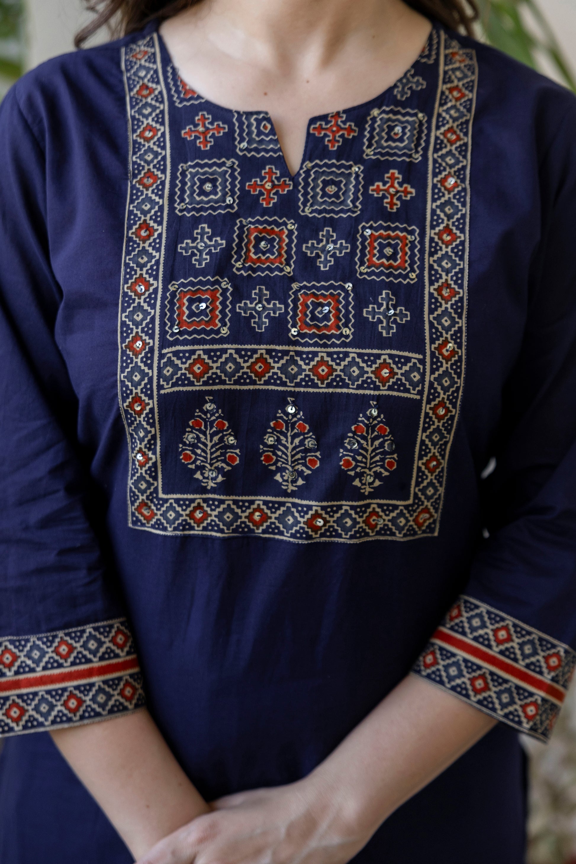 Navy Blue Printed Embroidered Kurta , Pant And Dupatta set.