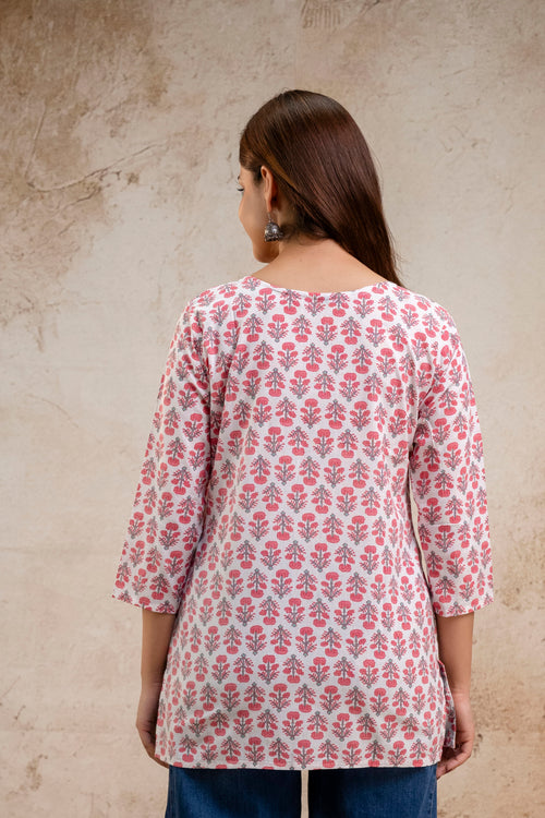 Pink & White Floral Print Pure Cotton Short Kurti