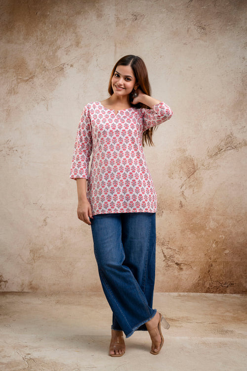 Pink & White Floral Print Pure Cotton Short Kurti