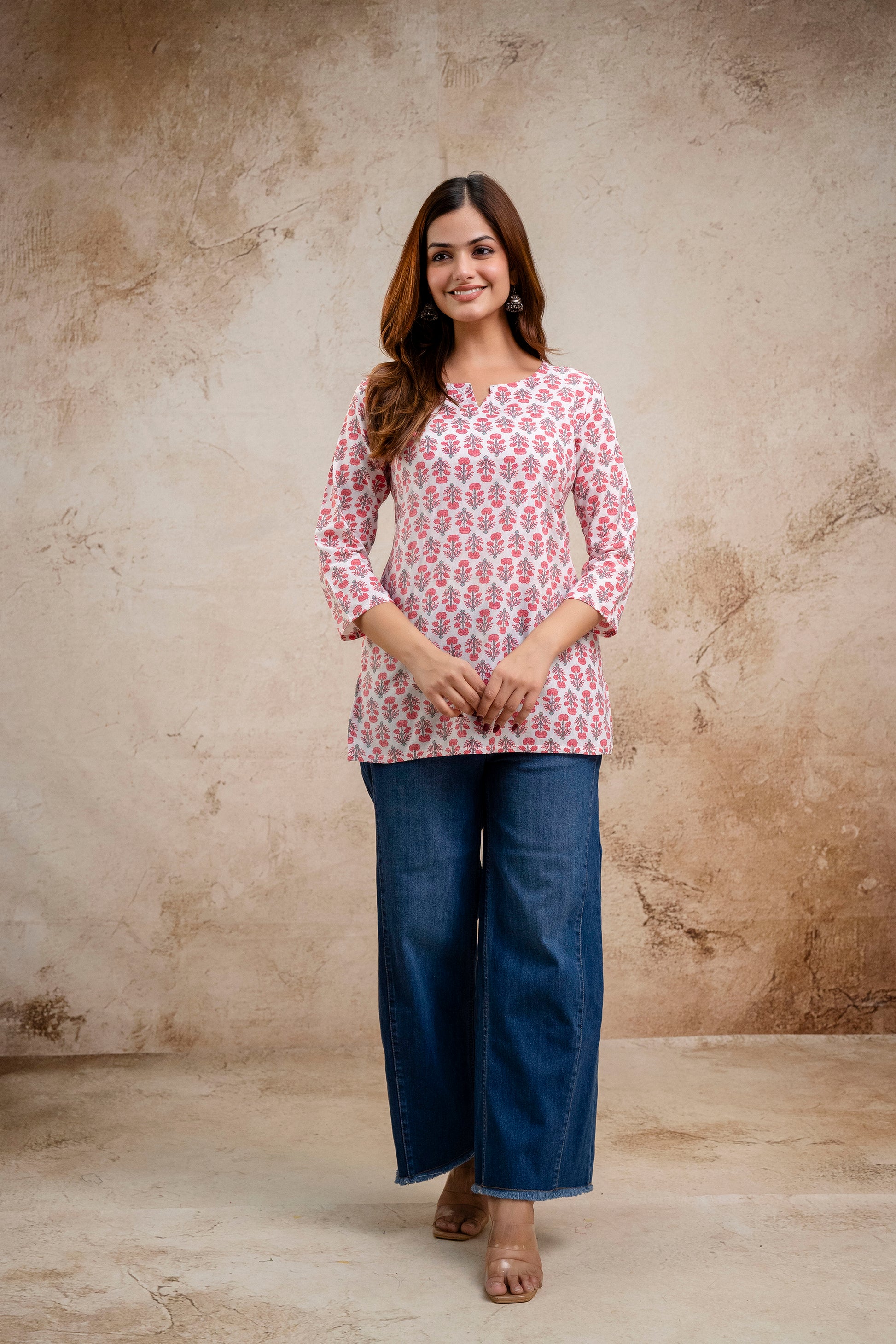 Pink & White Floral Print Pure Cotton Short Kurti
