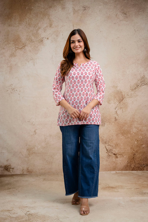 Pink & White Floral Print Pure Cotton Short Kurti