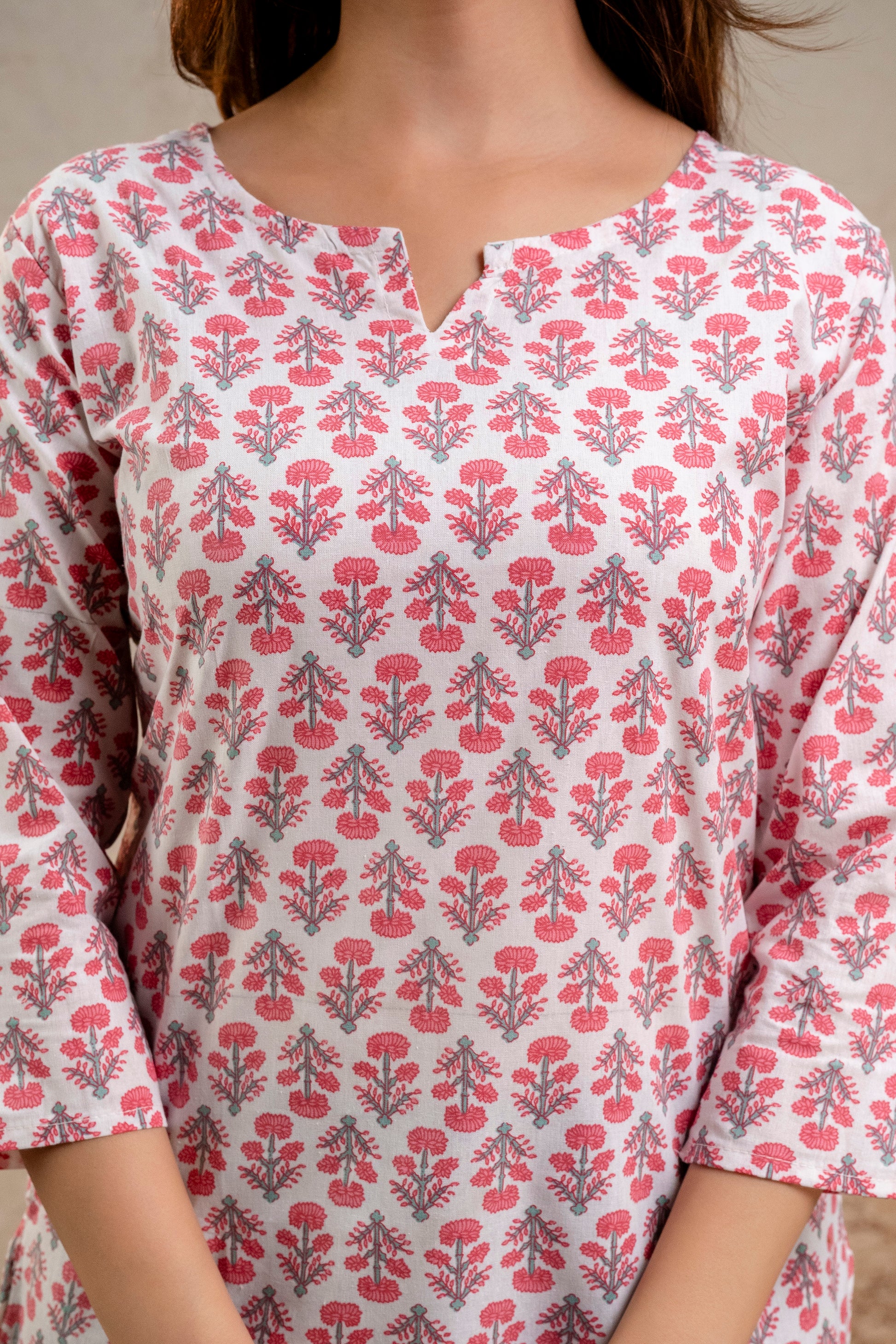 Pink & White Floral Print Pure Cotton Short Kurti