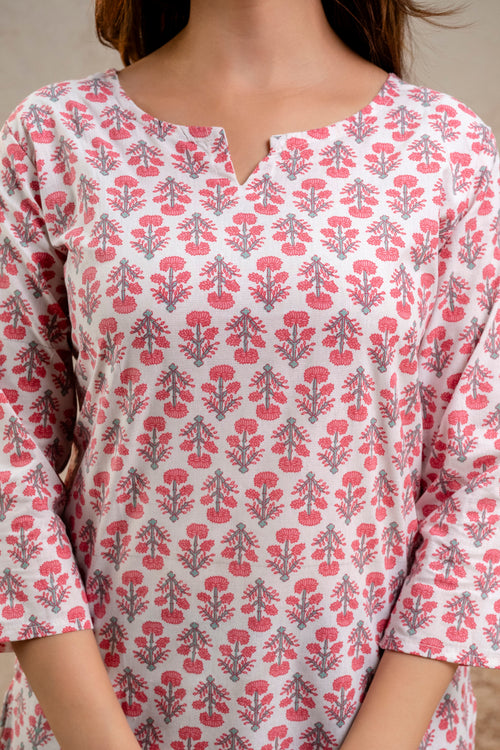 Pink & White Floral Print Pure Cotton Short Kurti