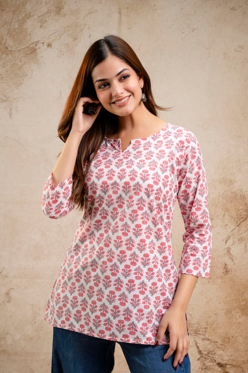 Pink & White Floral Print Pure Cotton Short Kurti