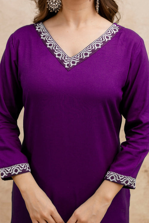 Purple Solid Embroidered Straight Kurta.