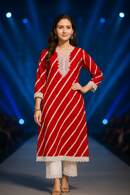 Red Printed Embroidered Pure Cotton Straight Kurta.