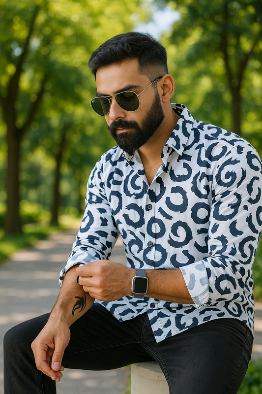 White Abstract Print Casual Shirt For Men