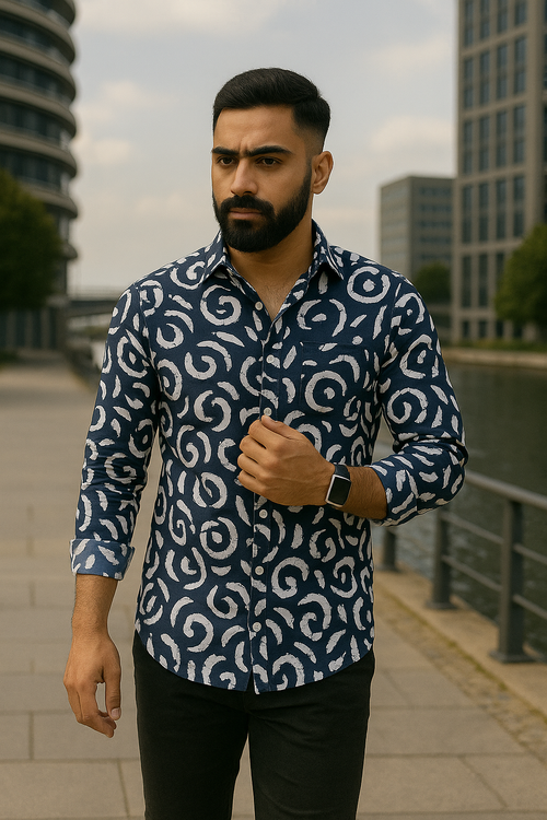 Blue Abstract Print Casual Shirt For Men
