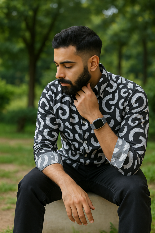 Black Abstract Print Casual Shirt For Men