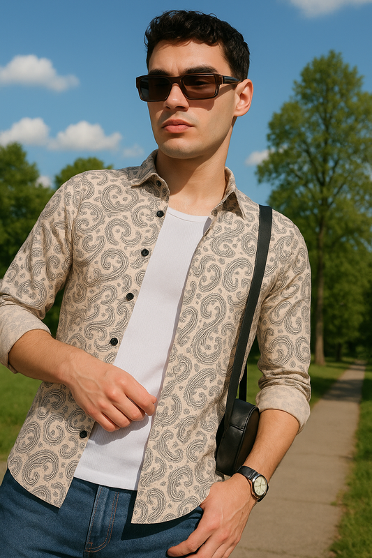Beige Ethnic motif Printed Casual Shirt For Men