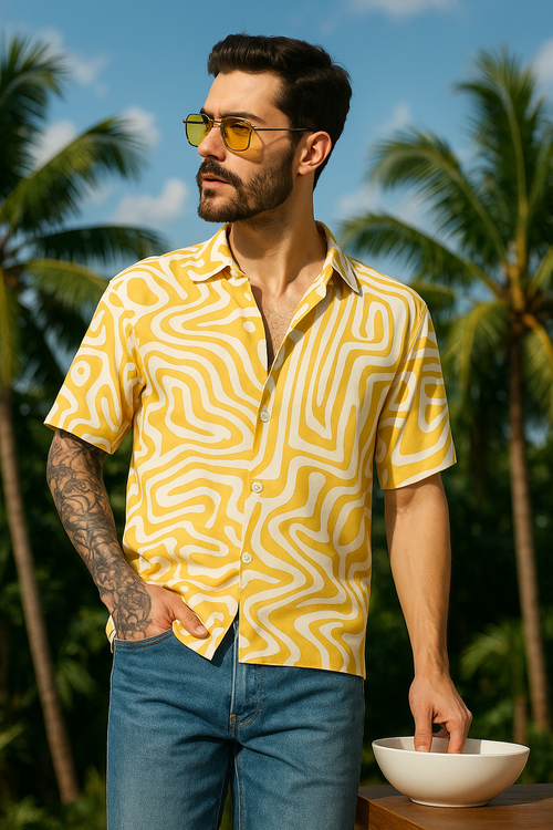 Yellow Abstract Printed Shirt For Men.
