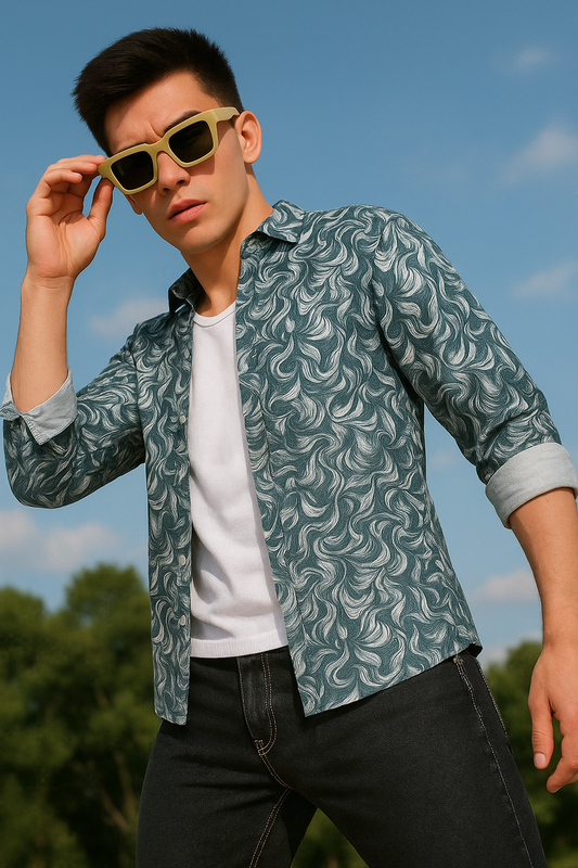 Graphic Printed Teal Full Sleeves Shirt For Men