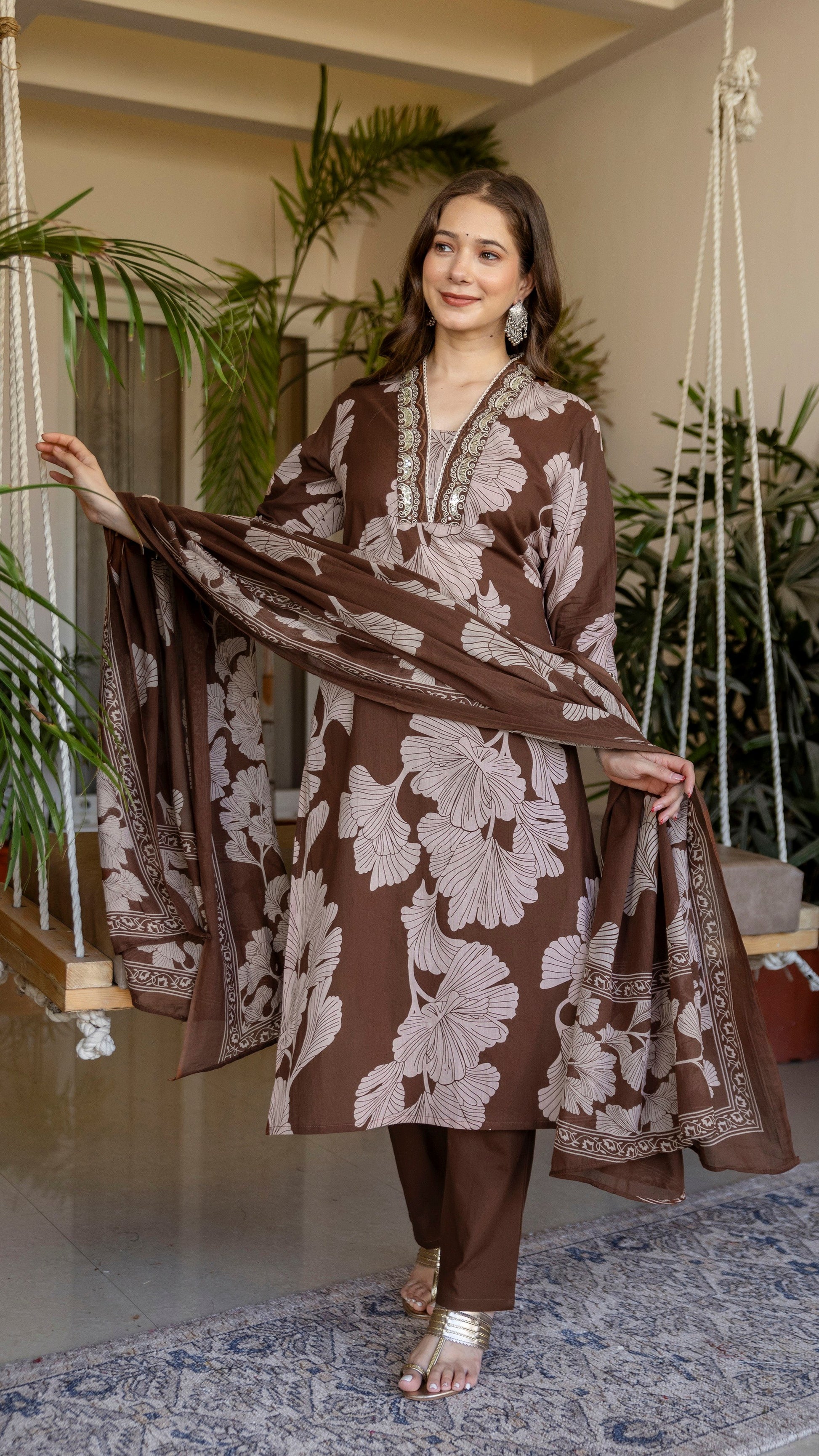 Brown Printed Embroidered Kurta , Pant And Dupatta set.