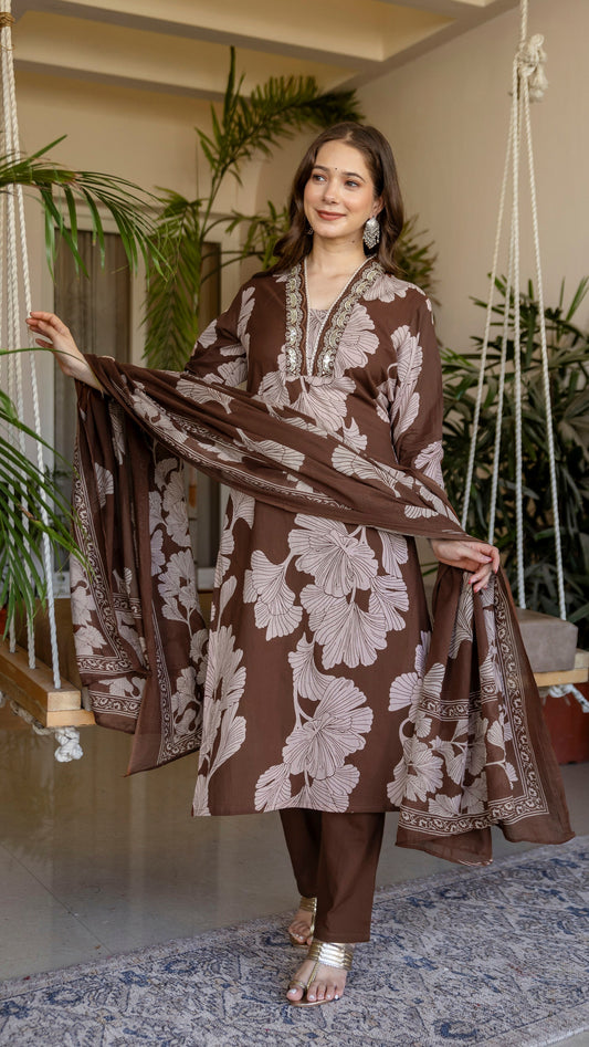 Brown Printed Embroidered Kurta , Pant And Dupatta set.
