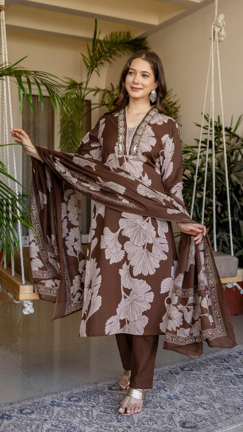 Brown Printed Embroidered Kurta , Pant And Dupatta set.