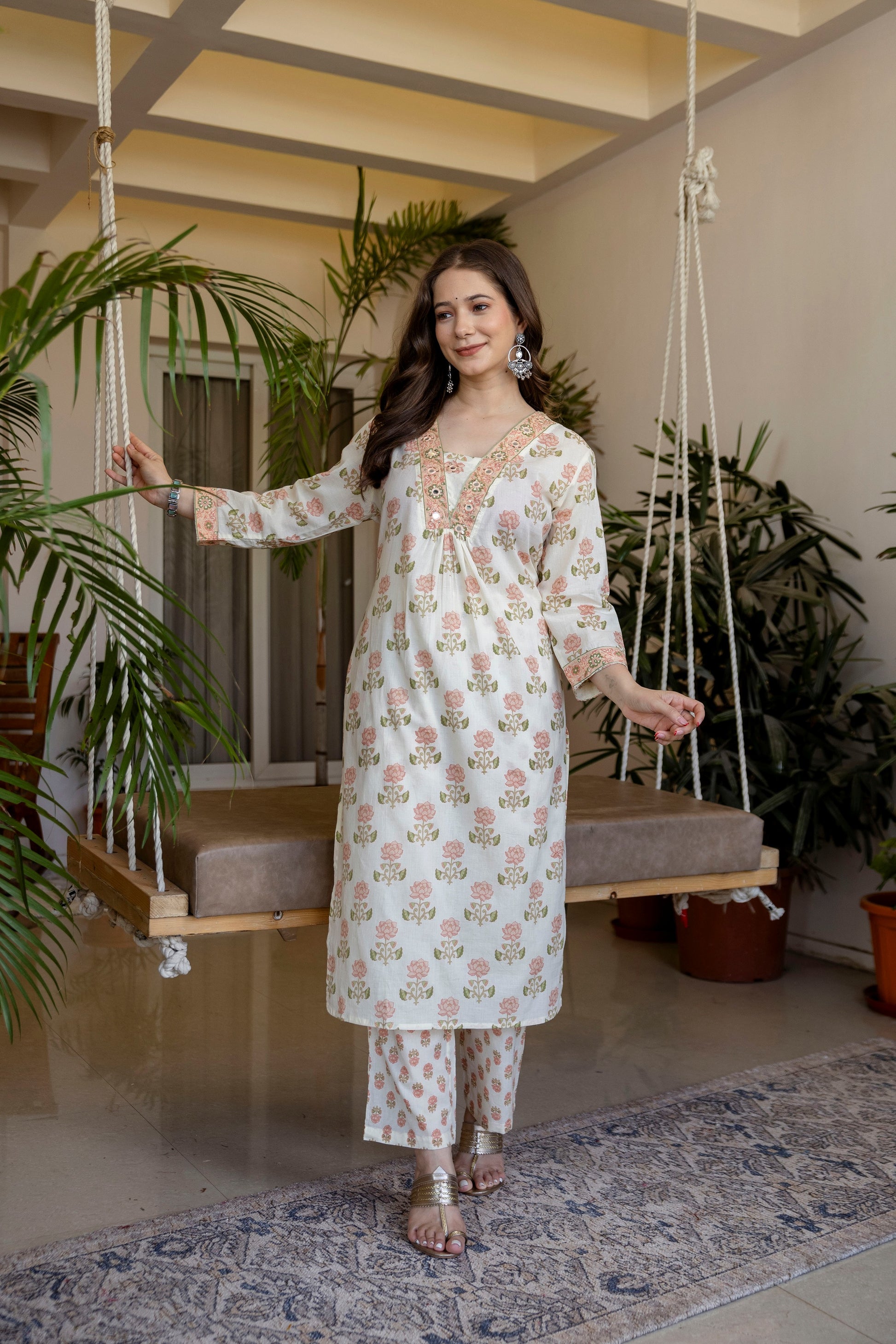 White And Peach Printed Embroidered Kurta , Pant And Dupatta set.