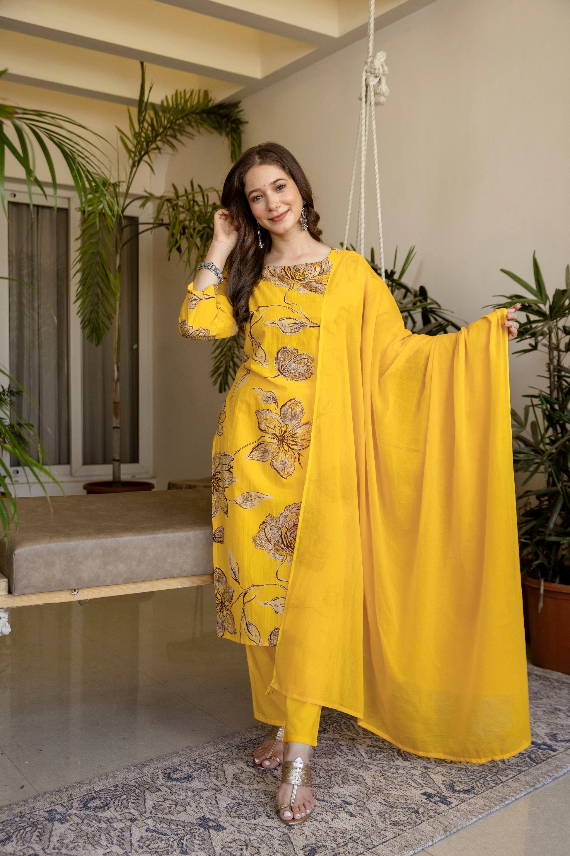 Yellow Printed Embroidered Kurta , Pant And Dupatta set.