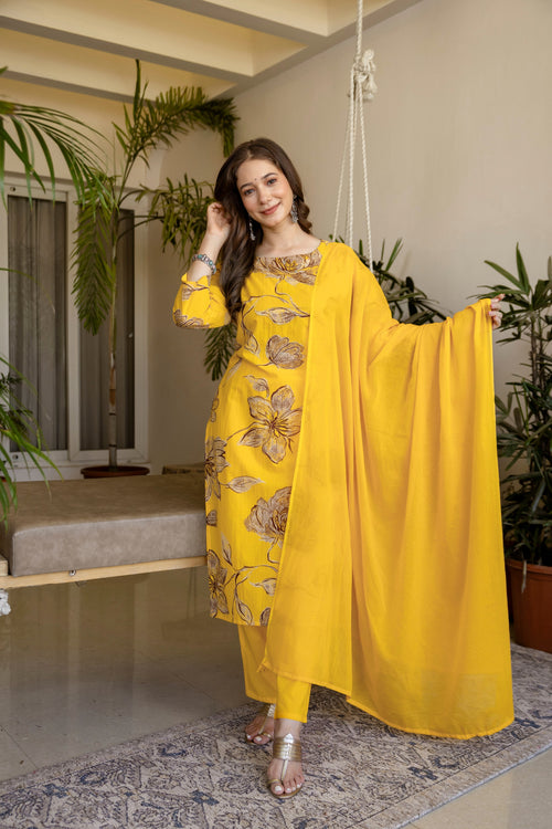 Yellow Printed Embroidered Kurta , Pant And Dupatta set.
