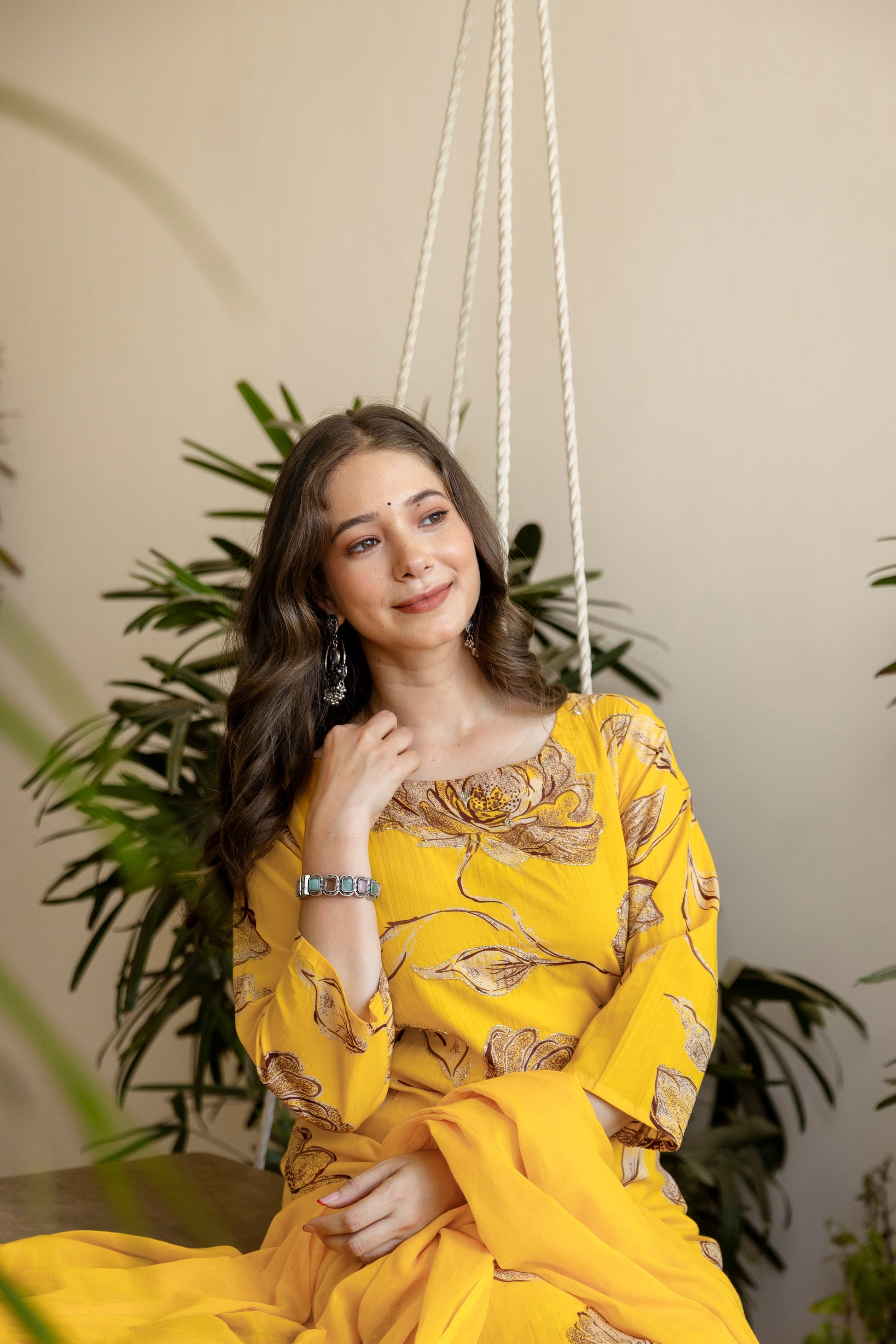 Yellow Printed Embroidered Kurta , Pant And Dupatta set.