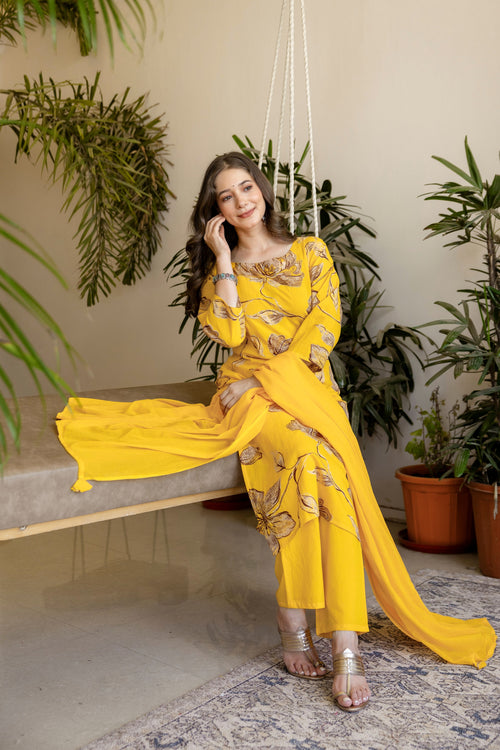 Yellow Printed Embroidered Kurta , Pant And Dupatta set.